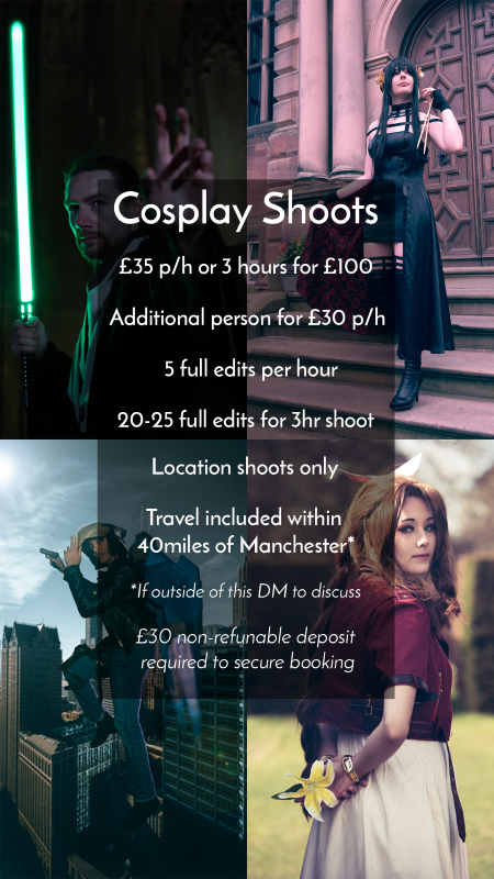 Collage pf photos of cosplayers with text describing shoot rates.